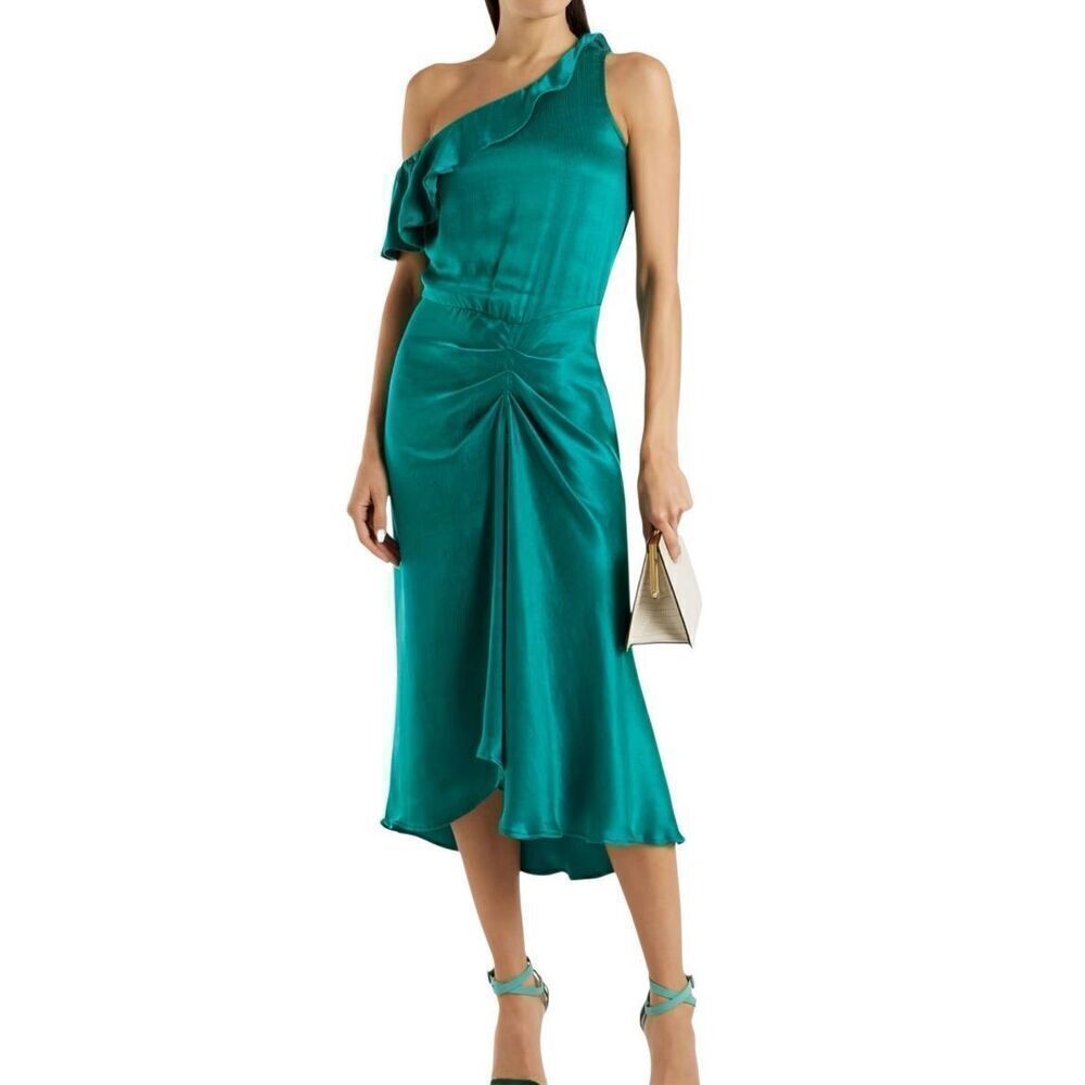 Ba&sh Teal Ruched Front One Shoulder Ruffle Crepe Satin Bandy Midi Dress Size 4